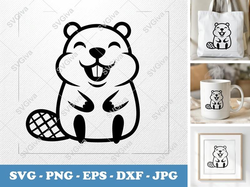 Beaver SVG Cute Smiling Animal, Modern Clean Design | PNG EPS DXF | Cricut Silhouette Cut File