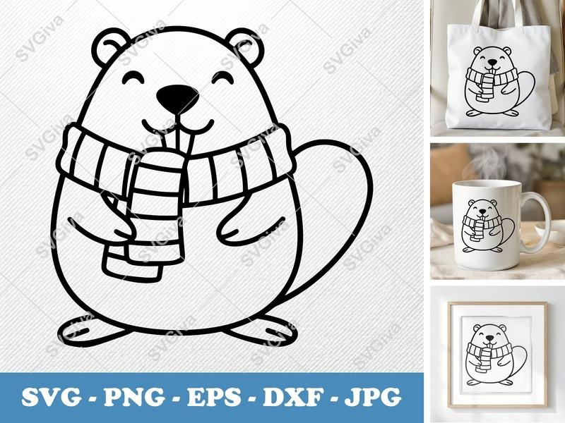 Beaver SVG, Cute Winter Animal with Scarf PNG EPS DXF, Cricut Silhouette Cut File, Modern Woodland Creature Clipart