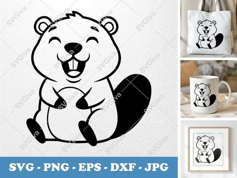 Beaver SVG, Happy Cartoon Animal Cut File, Modern Clean Design PNG EPS DXF for Cricut & Silhouette, Digital Download