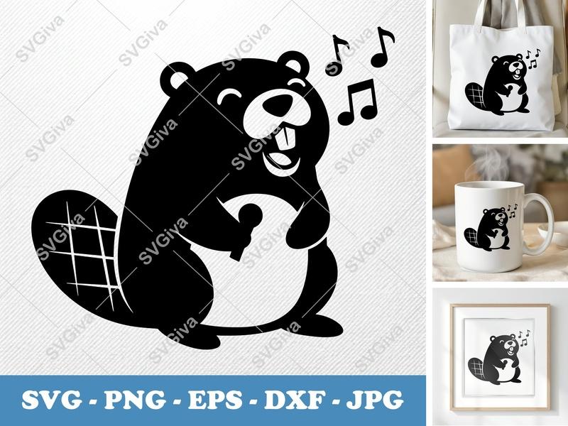 Beaver SVG, Singing Beaver with Microphone, Music Notes, Cute Woodland Animal, PNG EPS DXF for Cricut & Silhouette