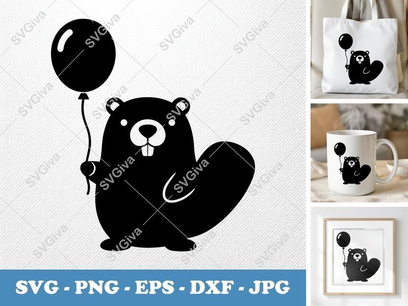 Beaver SVG with Balloon | Modern Cartoon Animal Cut File | PNG EPS DXF for Cricut & Silhouette