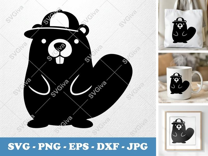Beaver SVG with Hat | Modern Animal Cut File | PNG EPS DXF for Cricut, Silhouette | Cute Woodland Vector Design