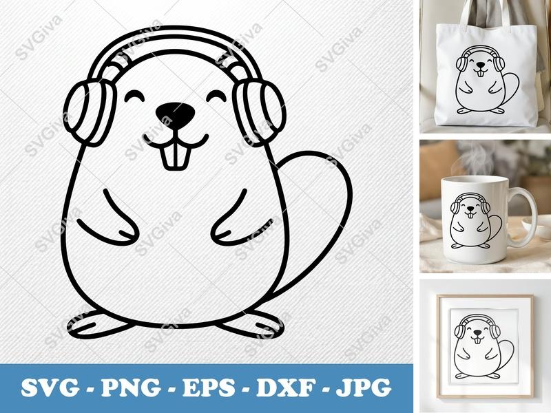 Beaver SVG with Headphones, Cute Animal Cut File, Cartoon Rodent PNG EPS DXF for Cricut, Silhouette, Digital Download