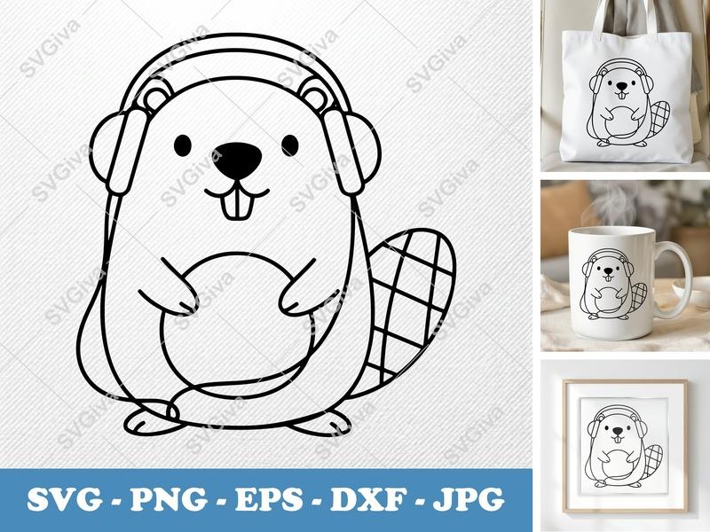 Beaver SVG with Headphones | Cute Animal Cut File | PNG EPS DXF for Cricut, Silhouette, Vinyl Decals