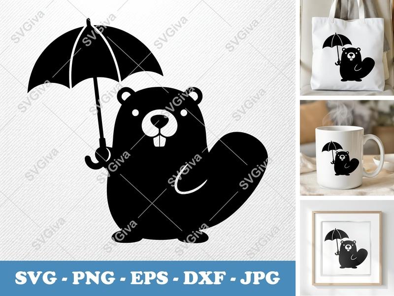 Beaver SVG with Umbrella | Cute Rodent Cut File, Modern Animal Clip Art for Cricut, Silhouette | PNG EPS DXF