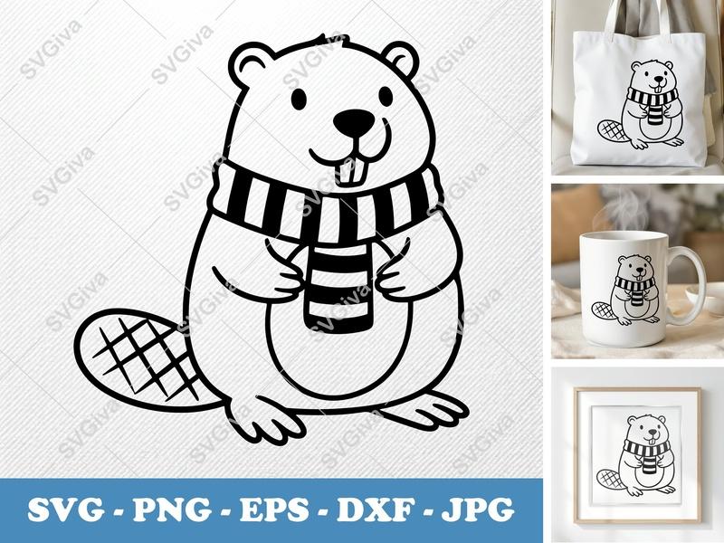 Beaver wearing a scarf SVG | Minimalist Contour Cut File | PNG DXF EPS | Cricut Silhouette Design