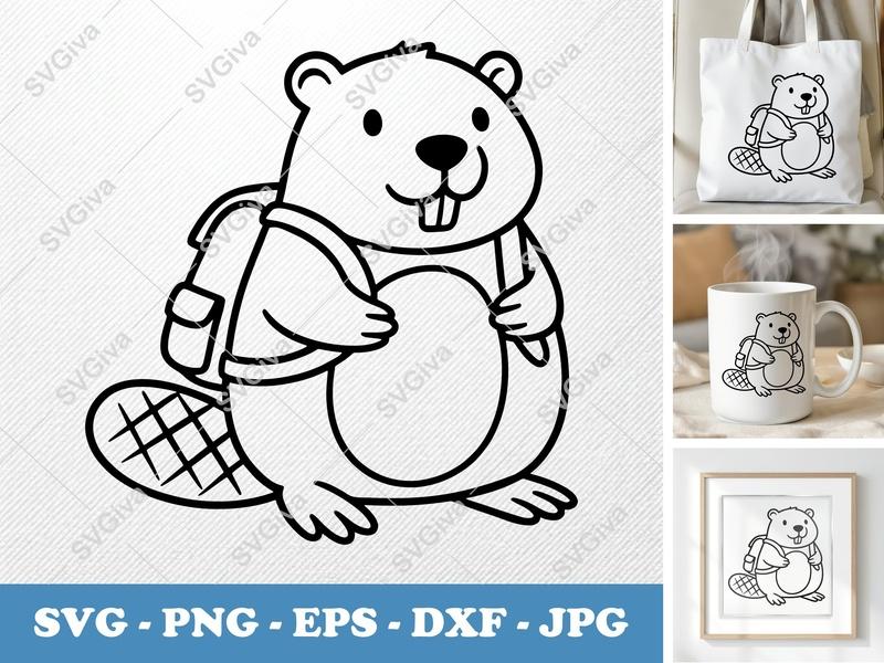 Beaver Wearing Backpack SVG | Bold Cartoon Cut File | PNG DXF EPS | Cricut Silhouette Ready