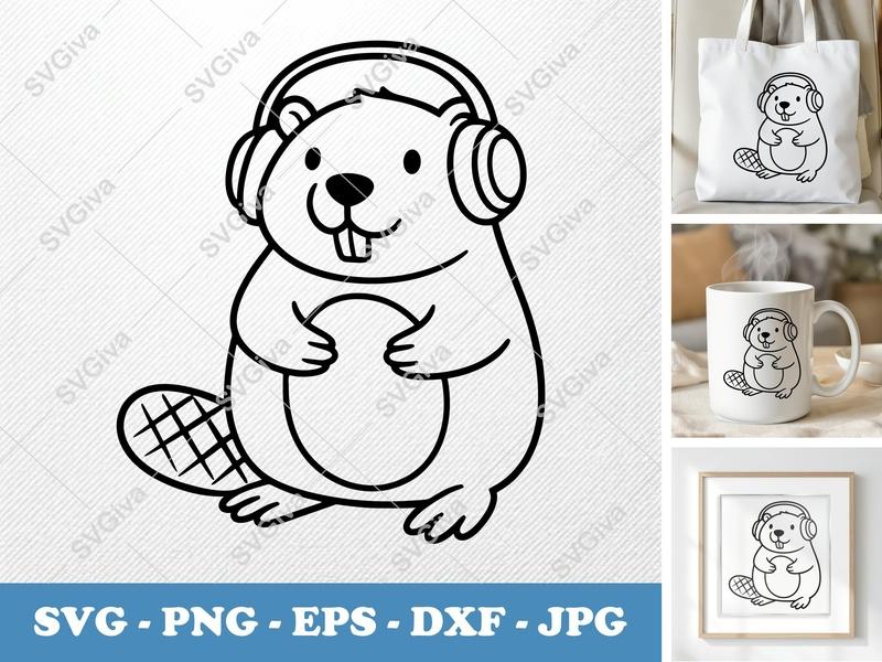 Beaver Wearing Headphones SVG | Bold Minimalist Vector | PNG DXF EPS | Cricut Silhouette Cut File