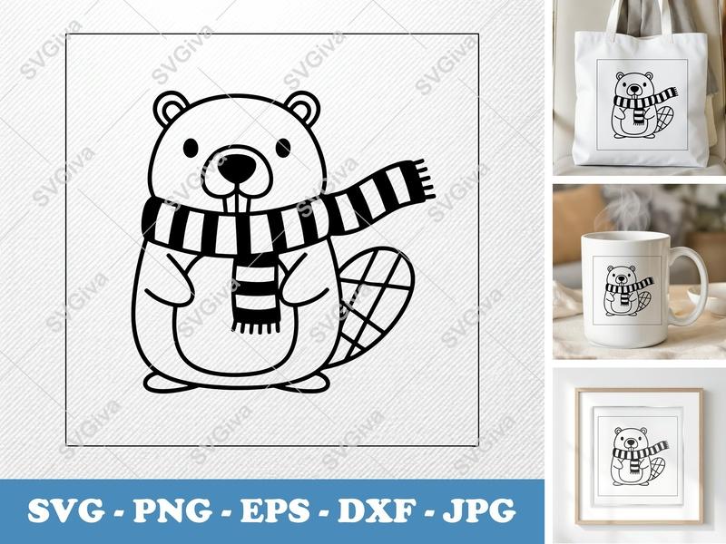 Beaver Wearing Scarf SVG | Friendly Rounded Body Bean-Shaped Cut File | PNG DXF EPS for Cricut Silhouette