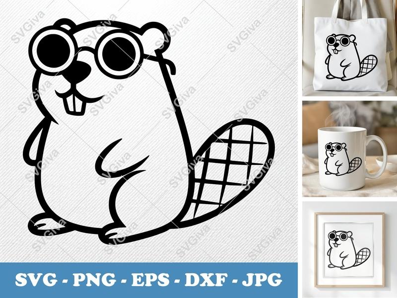 Beaver Wearing Sunglasses SVG | Friendly Rounded Body Bean-Shaped Cut File | PNG DXF EPS for Cricut Silhouette