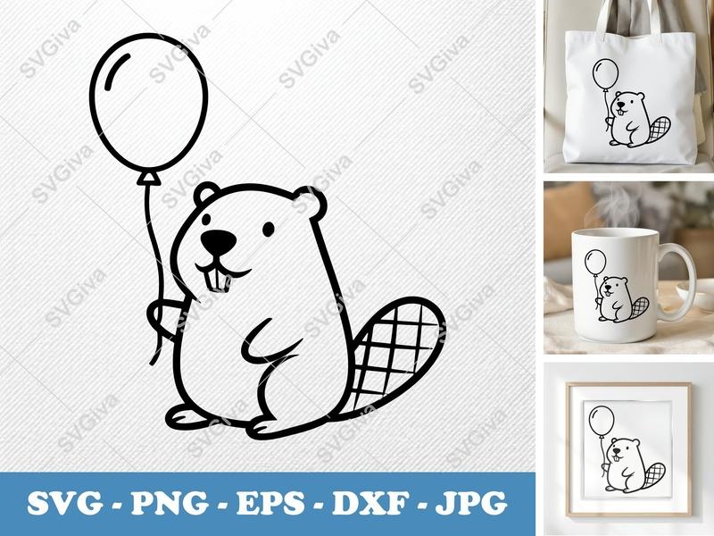 Beaver with Balloon SVG | Friendly Bean-Shaped Cut File | Rounded Body Design | PNG DXF EPS for Cricut Silhouette
