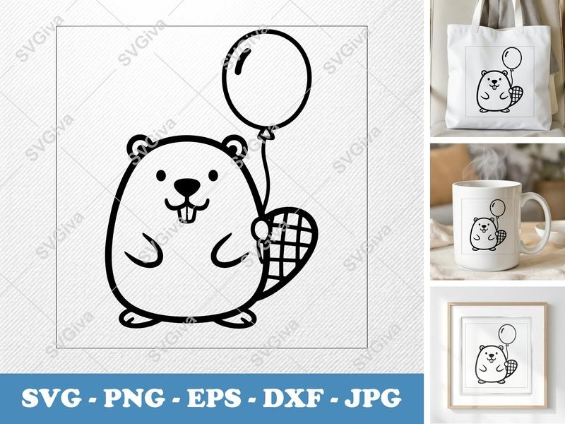 Beaver with Balloon SVG PNG DXF EPS | Cricut Silhouette Cut File | Cute Animal Vector Art