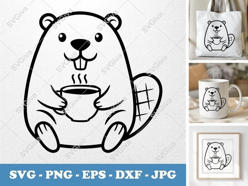 Beaver with Coffee Cup SVG | Friendly Rounded Body Bean-Shaped Design | PNG DXF EPS | Cricut Silhouette File