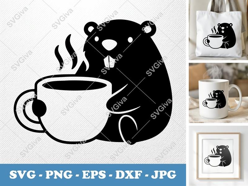 Beaver with Coffee Cup SVG | Puffy Soft Shapes | PNG, DXF, EPS | Cricut & Silhouette Cut File