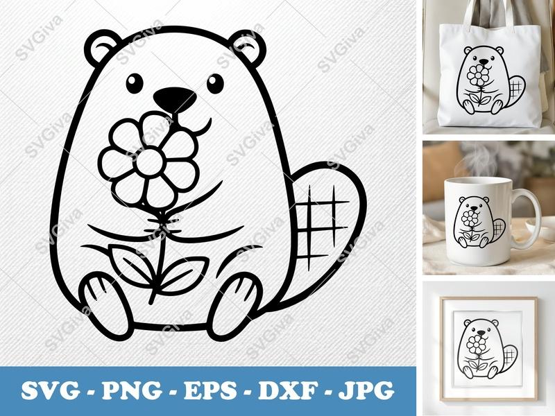 Beaver with Flower SVG | Friendly Bean-Shaped Cut File | PNG DXF EPS | Cricut Silhouette Design