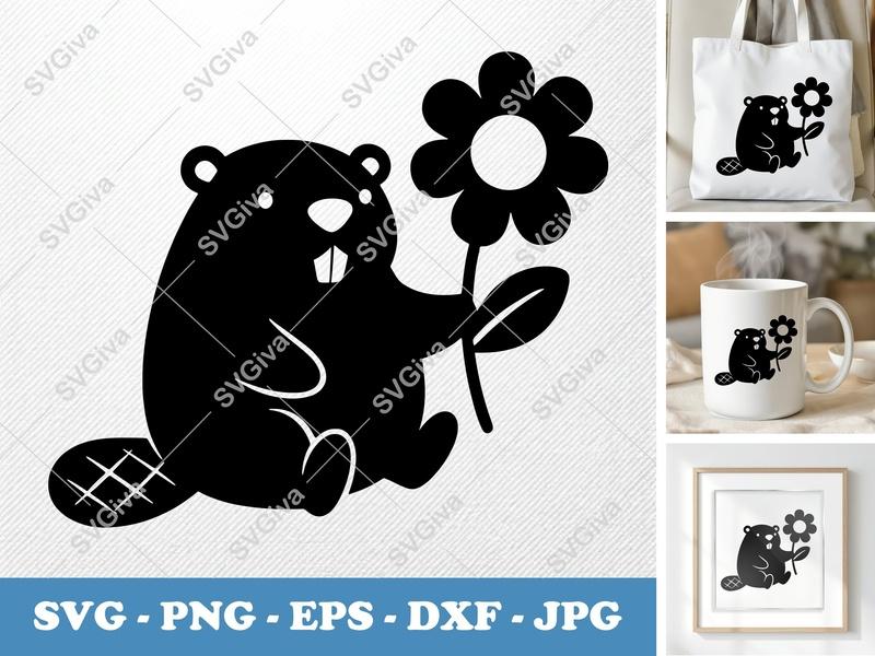 Beaver with Flower SVG | Puffy Cartoon Design | Pillow-Soft Cut File for Cricut, Silhouette | PNG, DXF, EPS