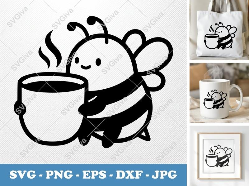 Bee Coffee SVG, Cute Bee with Coffee Mug | PNG EPS DXF | Cricut Silhouette Cut File, Modern Clean Design, Digital Download