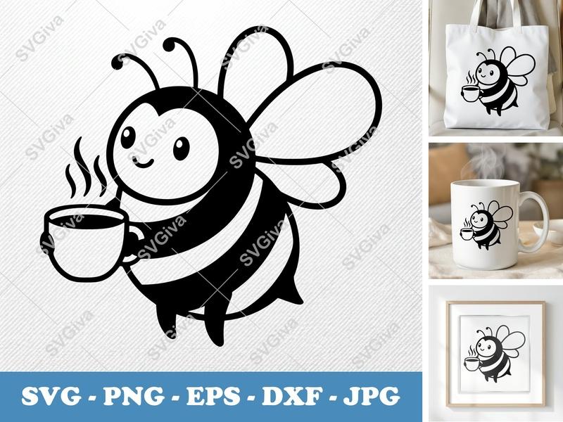 Bee Coffee SVG | Cute Cartoon Bee with Hot Drink PNG EPS DXF | Cricut Silhouette Cut File | Modern Kawaii Bee Clipart