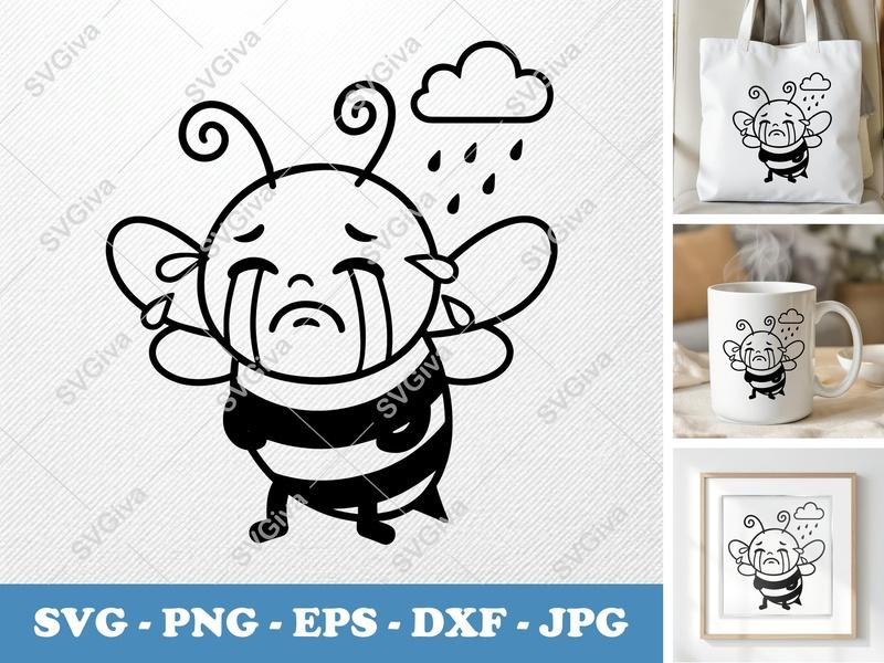 Bee Crying SVG | Rounded Body Bean-Shaped Cut File | PNG DXF EPS | Cricut Silhouette Friendly Bee