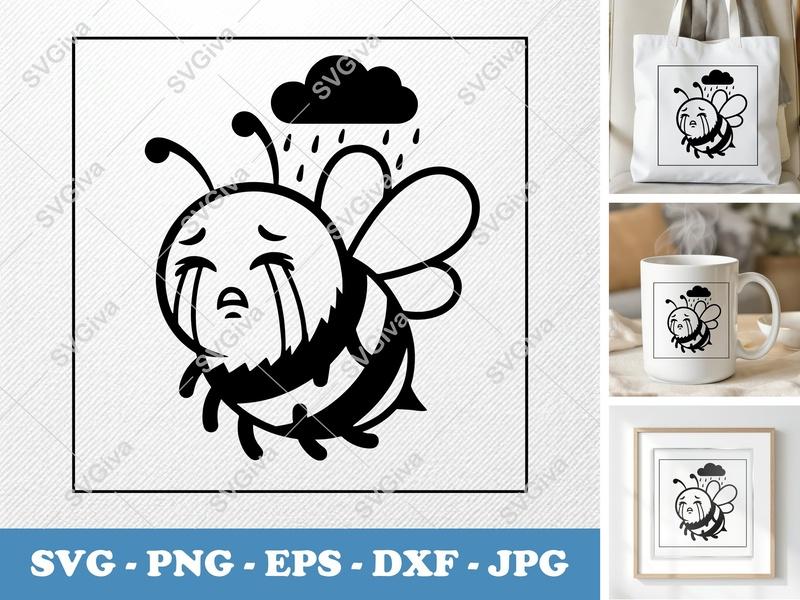Bee Crying SVG | Sad Bee with Rain Cloud PNG EPS DXF | Cricut Silhouette Cut File | Cute Insect Vector Art