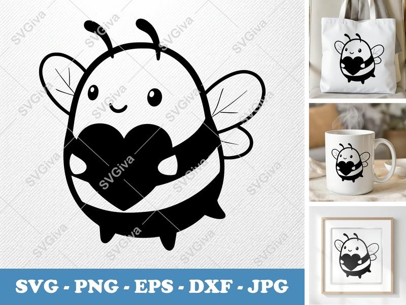 Bee Holding Heart SVG | Puffy Soft Kawaii Cut File | PNG DXF EPS for Cricut Silhouette