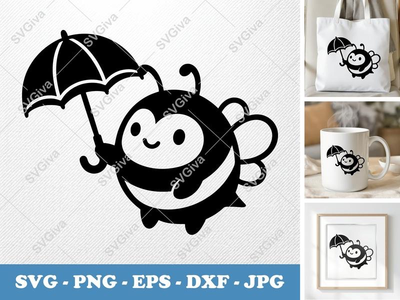 Bee holding umbrella SVG PNG DXF EPS | Cute Bee Cut File Cricut Silhouette Vector Art