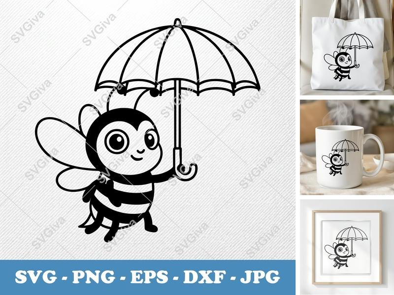 Bee Holding Umbrella SVG PNG DXF EPS | Cute Insect Cut File for Cricut Silhouette | Friendly Bee Vector Art