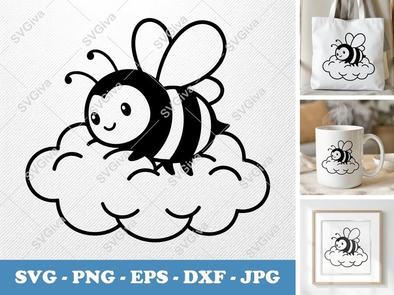 Bee on Cloud SVG | Cute Bumblebee PNG EPS DXF | Modern Cartoon Insect Cut File for Cricut, Silhouette