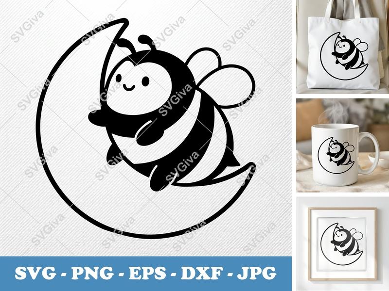 Bee on Moon SVG | Cute Bumblebee Clipart, Honey Bee Cut File, Kawaii Insect PNG EPS DXF for Cricut Silhouette
