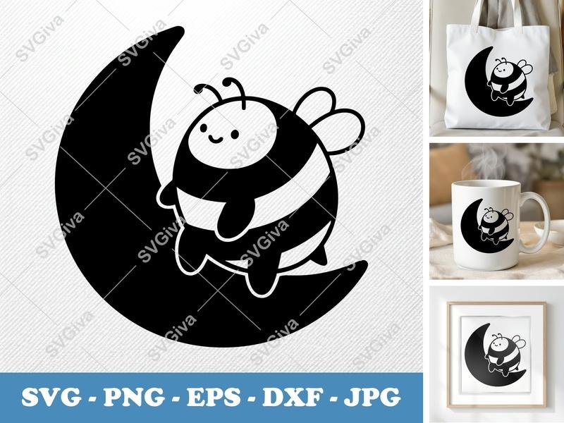 Bee on Moon SVG | Cute Honeybee | Crescent Moon Cut File | PNG EPS DXF for Cricut & Silhouette | Modern Bumblebee Design