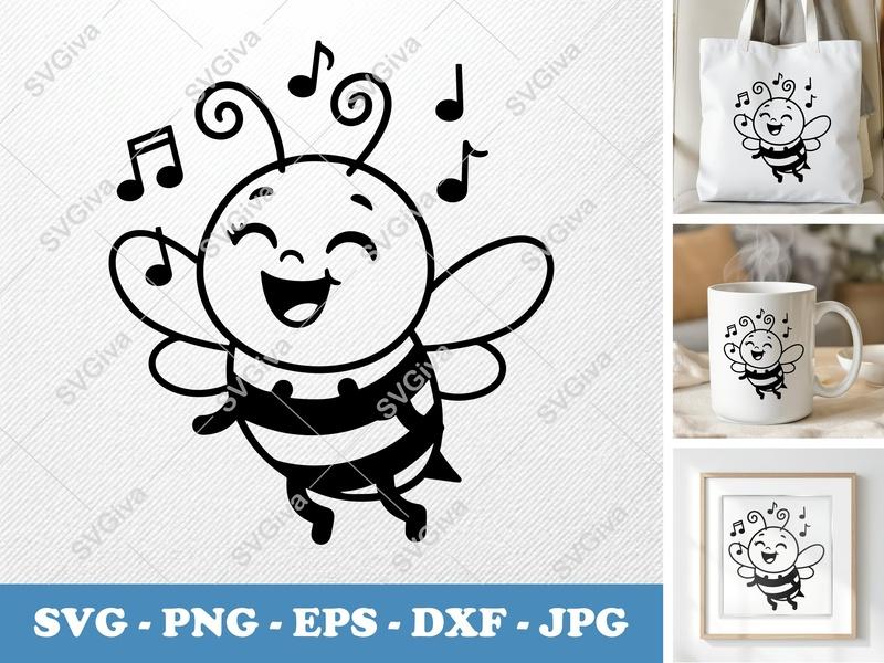 Bee Singing SVG | Friendly Rounded Body Bean-Shaped Bee | PNG DXF EPS | Cricut Silhouette File