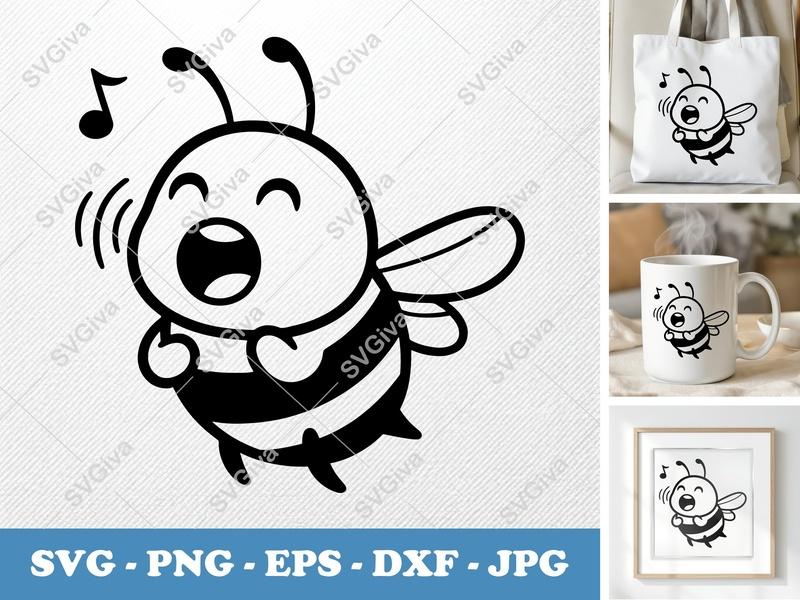 Bee Singing SVG | Happy Bumblebee PNG EPS DXF | Music Note Cut File for Cricut, Silhouette | Modern Cartoon Insect Design