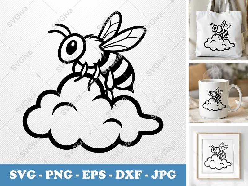 Bee Sitting on Cloud SVG | Cartoon Minimalist Design | PNG DXF EPS | Cricut Silhouette File