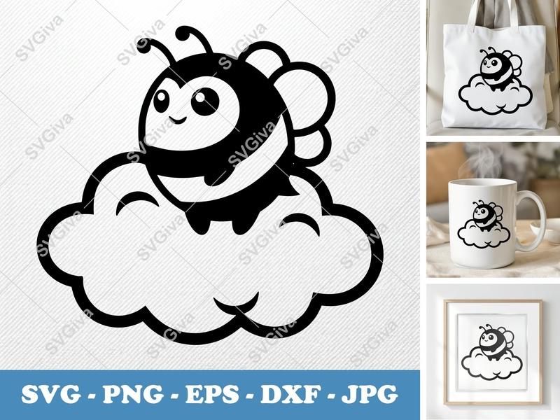 Bee Sitting on Cloud SVG | Chubby Cartoon Bee Design | Rounded Body, Friendly Bean-Shaped Forms | PNG DXF EPS | Cricut Silhouette