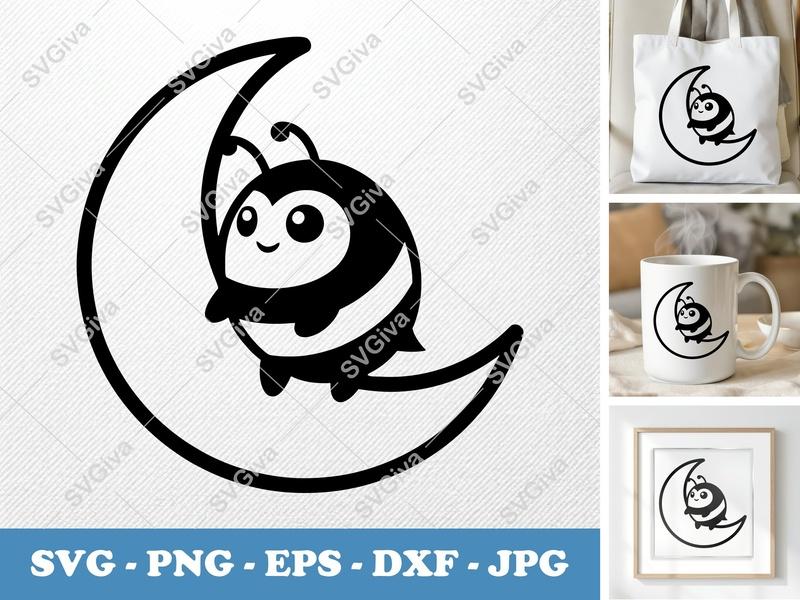 Bee Sitting on Moon SVG | Friendly Bean-Shaped Design | PNG DXF EPS | Cricut Silhouette File