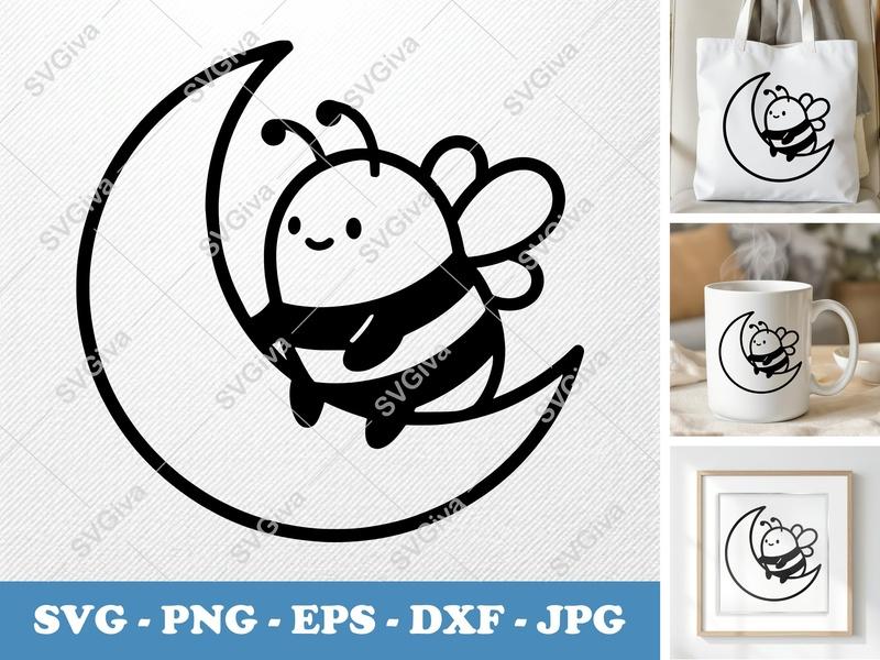 Bee Sitting on Moon SVG | Puffy Dreamy Design | SVG PNG DXF EPS | Cricut Silhouette File