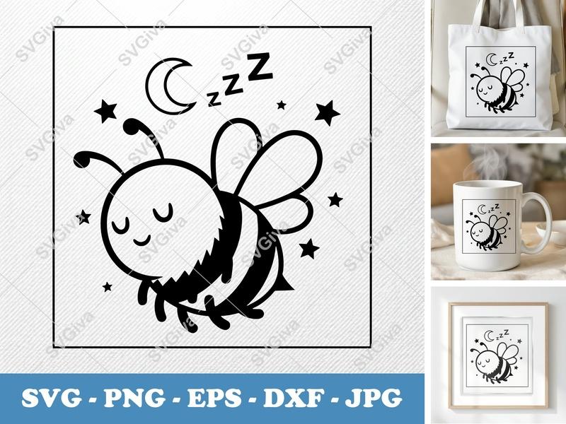 Bee Sleeping SVG | Cute Sleeping Bee with Zzz & Stars | PNG EPS DXF for Cricut & Silhouette | Modern Baby Nursery Design