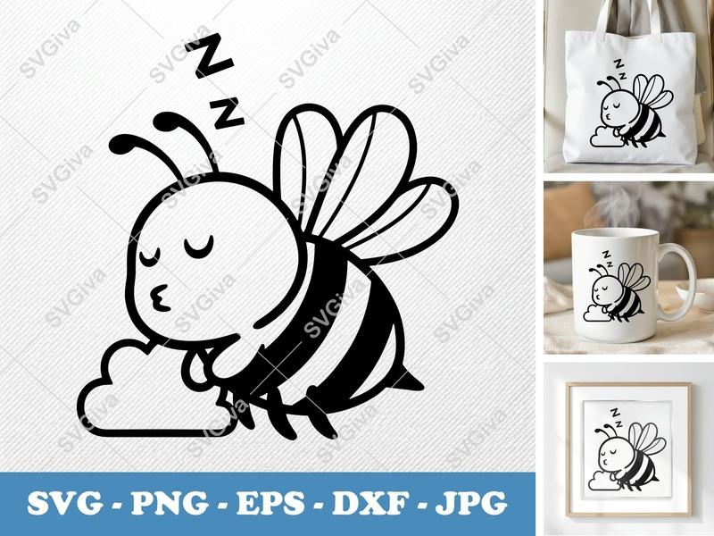 Bee Sleeping SVG | Modern Cute Bumblebee PNG EPS DXF | Cricut Silhouette Cut File | Adorable Insect Clipart Vector