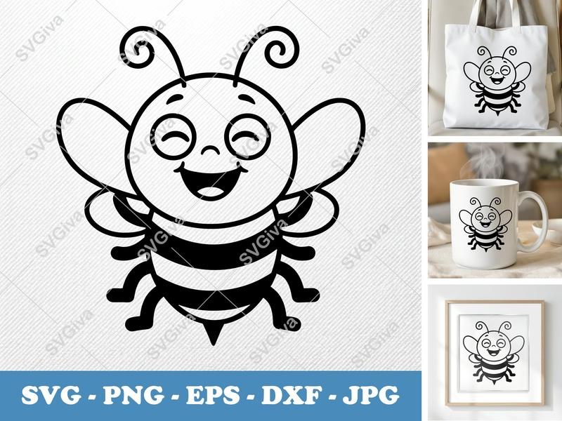 Bee Smiling Happily SVG | Friendly Rounded Cartoon Cut File | PNG DXF EPS for Cricut Silhouette Bean-Shaped Design
