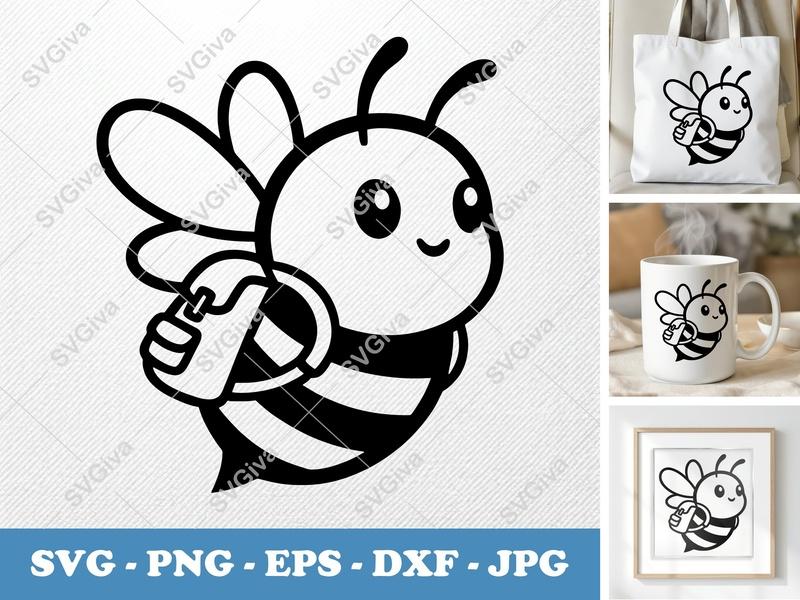 Bee SVG Cut File | Cute Modern Bumblebee with Backpack | PNG EPS DXF for Cricut Silhouette Projects
