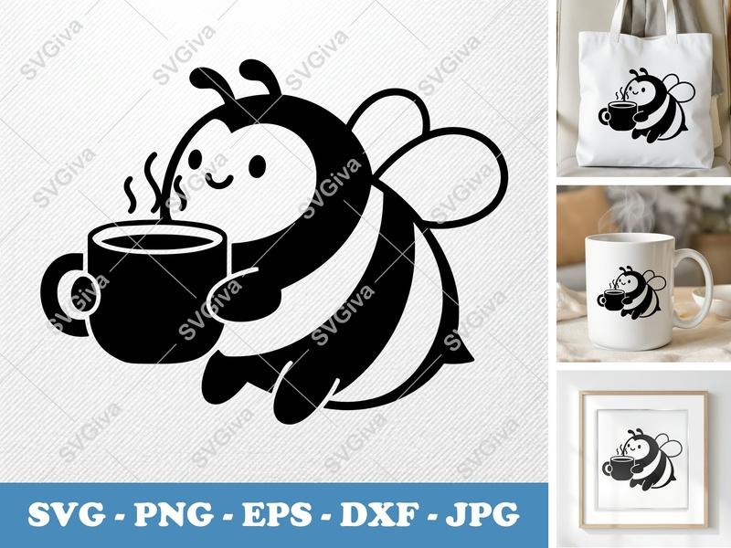 Bee SVG | Cute Bee with Coffee Mug Cut File | Modern Bumblebee PNG EPS DXF for Cricut & Silhouette | Coffee Lover Gift