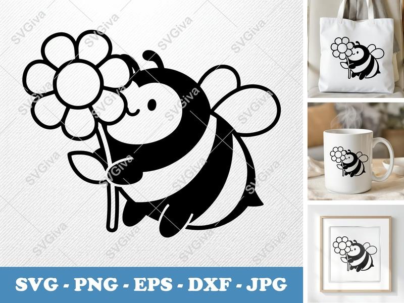 Bee SVG | Cute Bee with Flower PNG EPS DXF | Honey Bee Clipart for Cricut Silhouette | Modern Insect Cut File