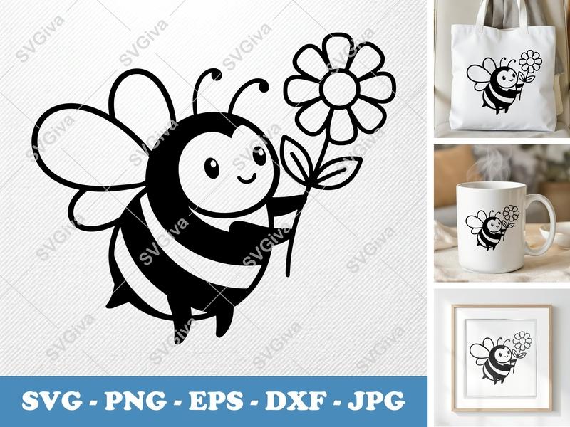 Bee SVG | Cute Bumblebee with Flower Cut File | Modern Cartoon Insect PNG EPS DXF for Cricut & Silhouette
