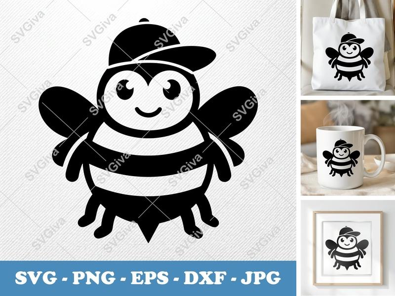 Bee SVG | Cute Cartoon Bee with Baseball Cap | PNG EPS DXF | Cricut Silhouette Cut File | Modern Kid Friendly