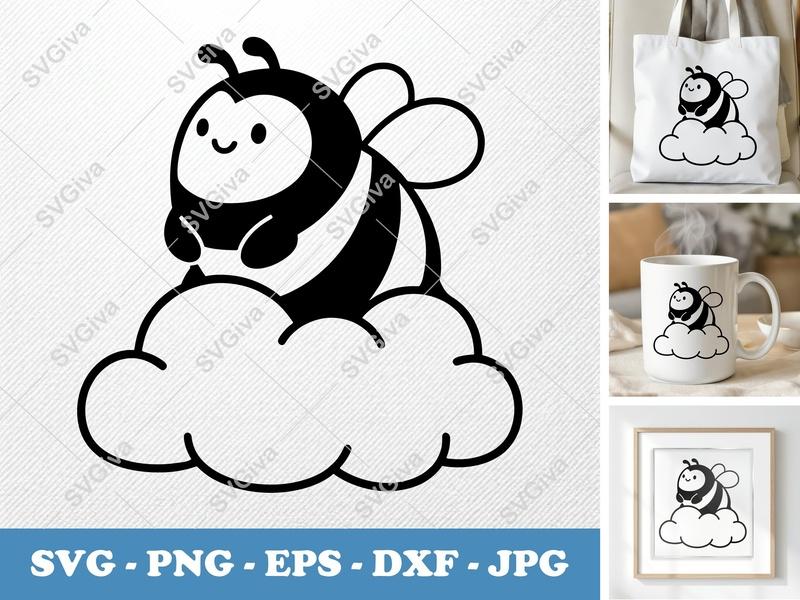 Bee SVG | Cute Cloud Bee | Modern Bumblebee Cut File for Cricut & Silhouette | PNG EPS DXF Vector Clipart