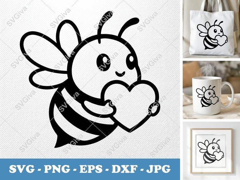 Bee SVG | Cute Heart Bee | Bumblebee Love PNG EPS DXF for Cricut & Silhouette | Modern Honeybee Art