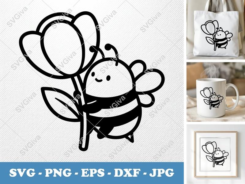 Bee SVG | Cute Modern Bumblebee with Flower | PNG EPS DXF | Cricut Silhouette Cut File