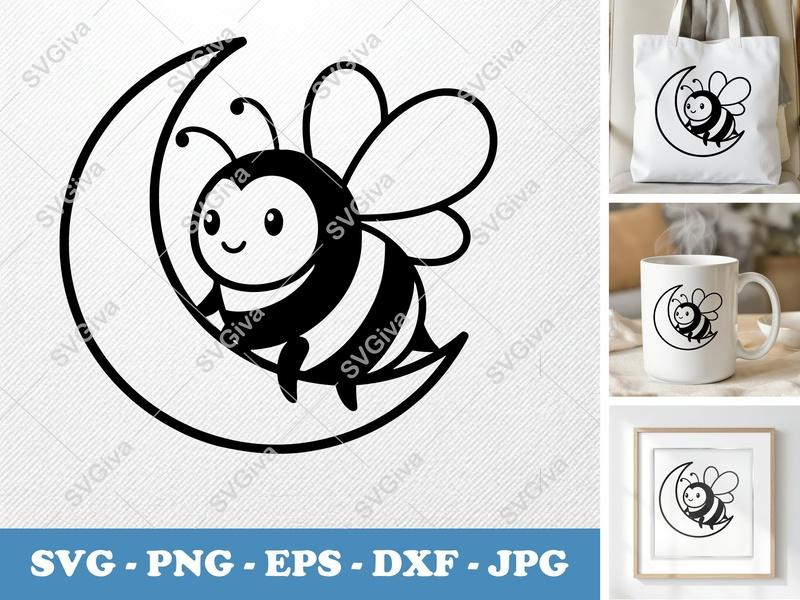 Bee SVG | Cute Moon Bee, Modern Clean Design | PNG EPS DXF | Cricut & Silhouette Cut File