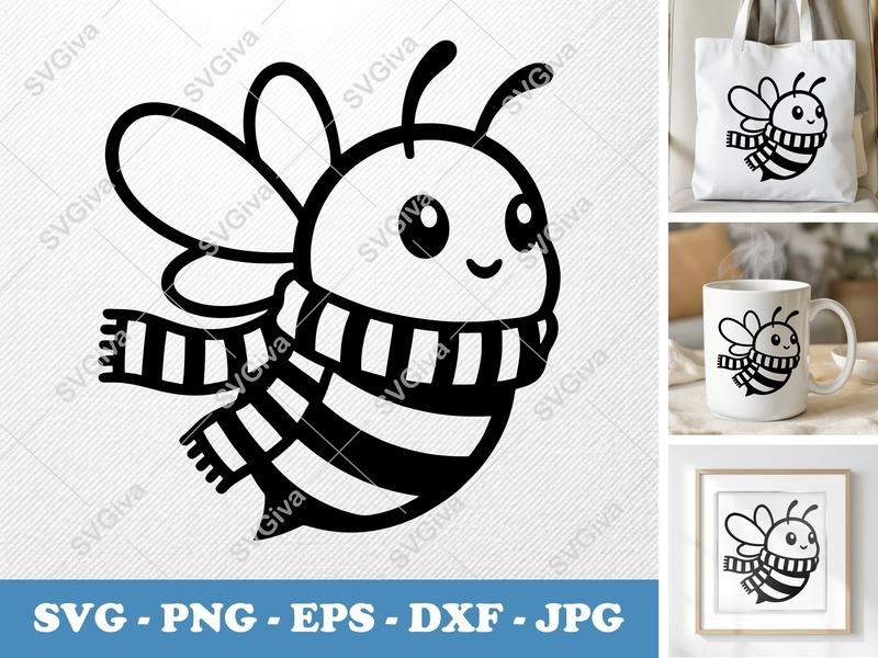 Bee SVG | Cute Scarf Bee Digital Download | Honey Bee PNG EPS DXF | Cricut Silhouette Cut File | Modern Bumblebee Clipart