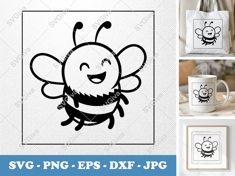 Bee SVG | Happy Bumblebee Cut File for Cricut & Silhouette | Modern Honey Bee PNG EPS DXF | Cute Insect Vector Art